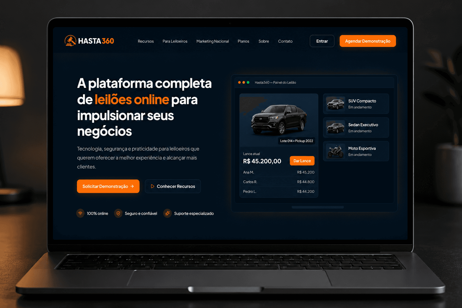 Hasta360 — Painel do Leilão no notebook
